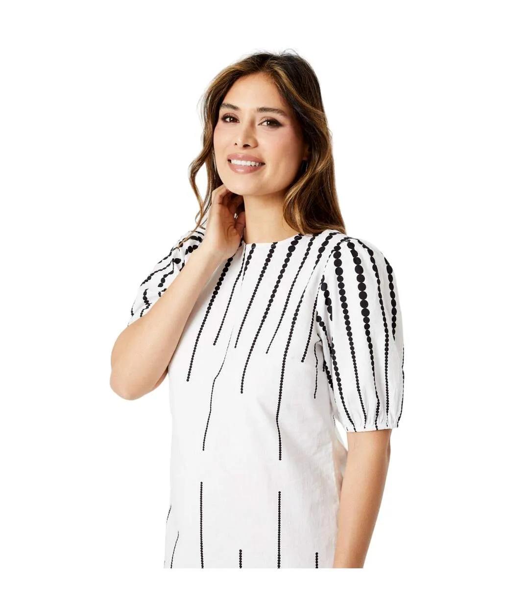 Womens/ladies border spot puff sleeve shift dress white/black Principles