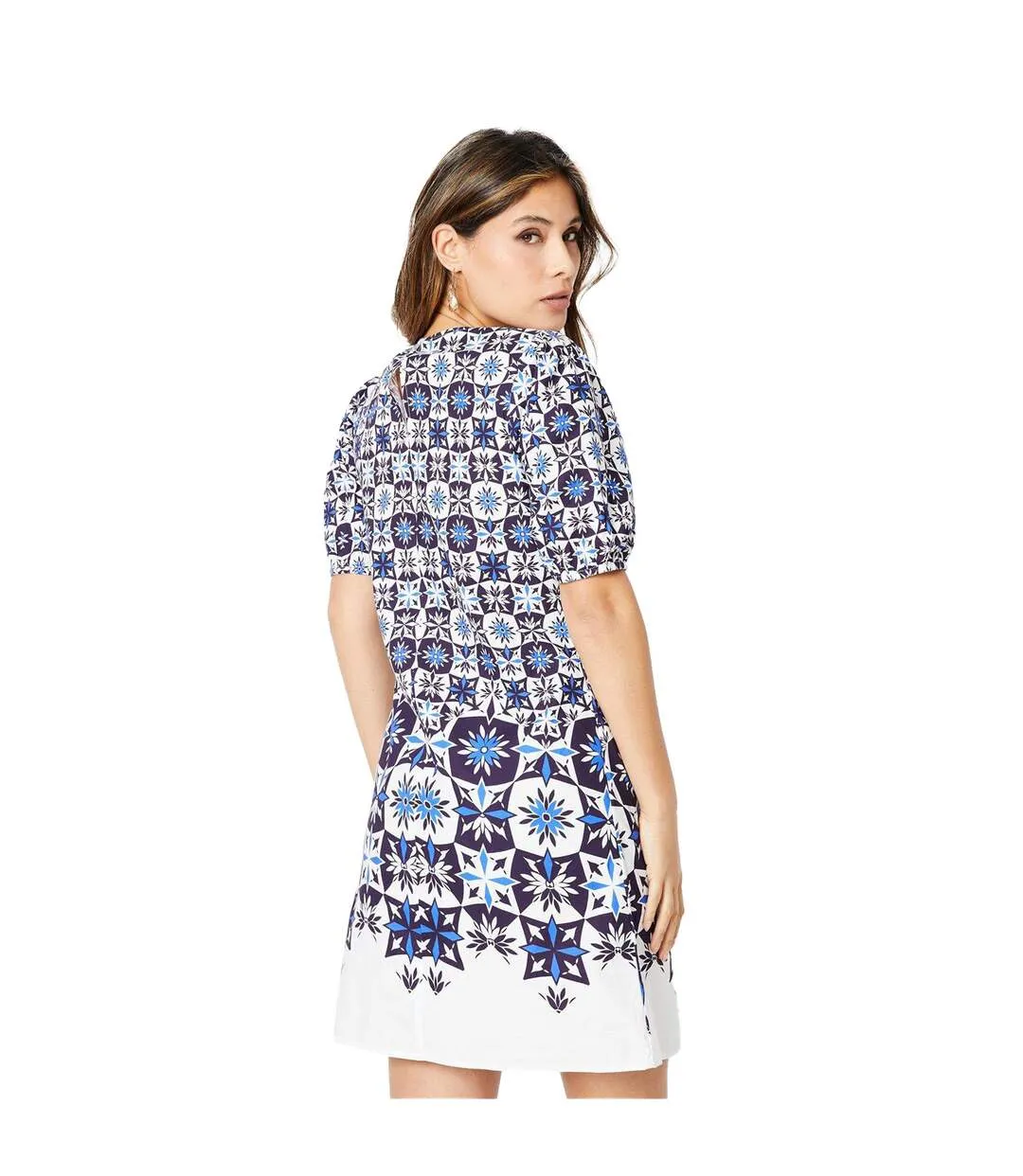 Womens/ladies tile print puff sleeve shift dress blue Principles