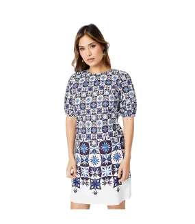 Womens/ladies tile print puff sleeve shift dress blue Principles