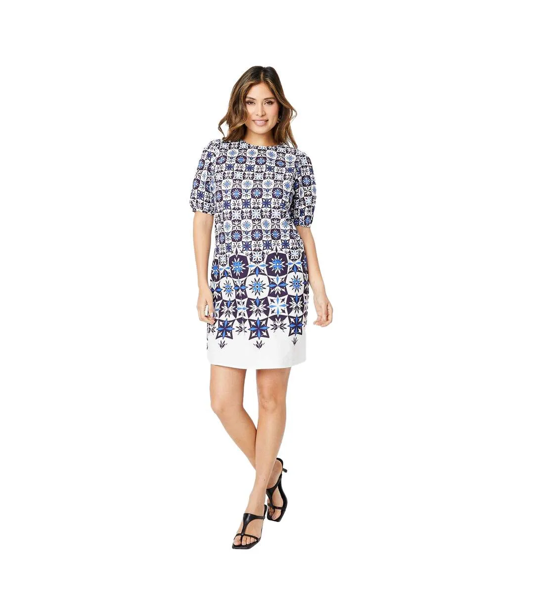 Womens/ladies tile print puff sleeve shift dress blue Principles