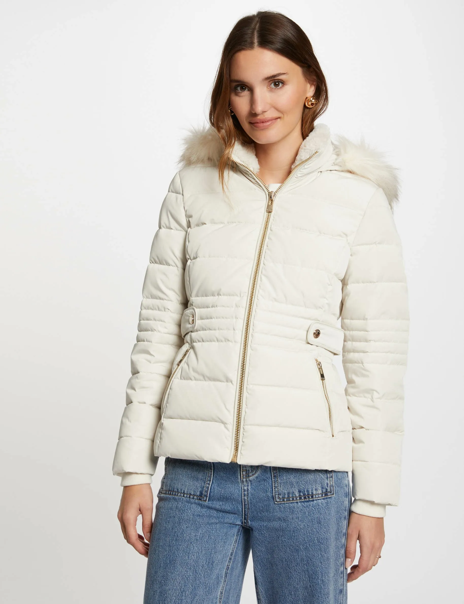 Zipped padded jacket with hood ivory women